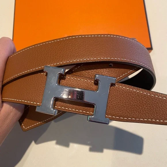 Hermes H Belt Buckle with reversible leather strap in black/tan 32mm - Picture 3 of 6